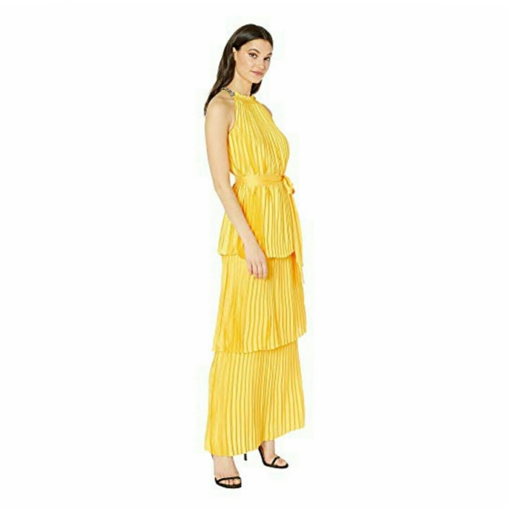Yellow pleated halter maxi dress